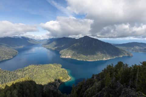 view over lake with mountain in center